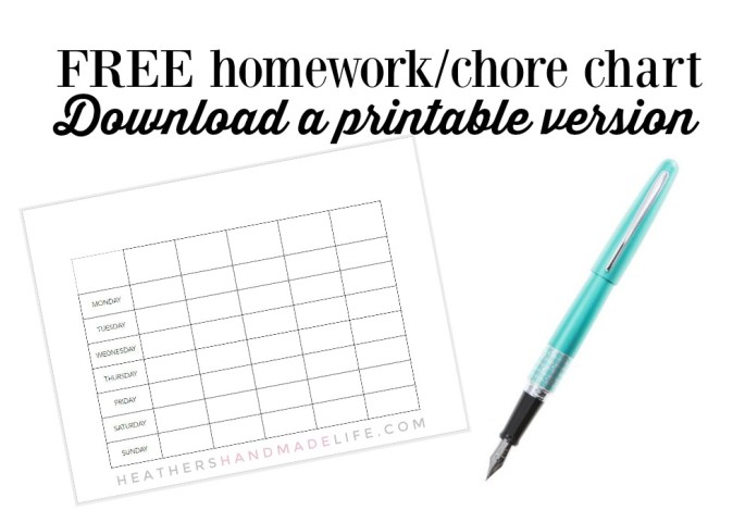Free homework/chore chart {Heather's Handmade Life}