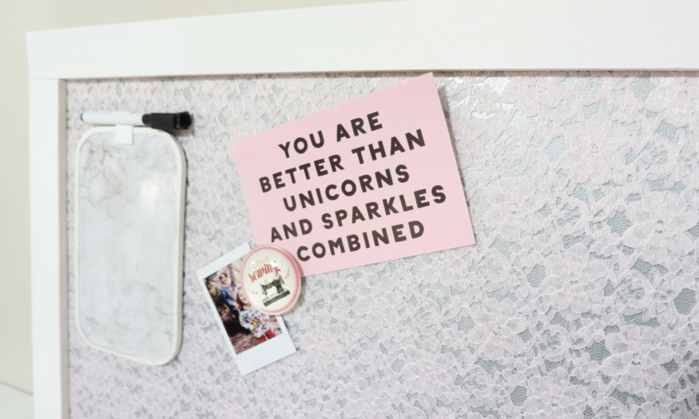 DIY magnetic board made with sheet metal and pink lace {Heather's Handmade Life}