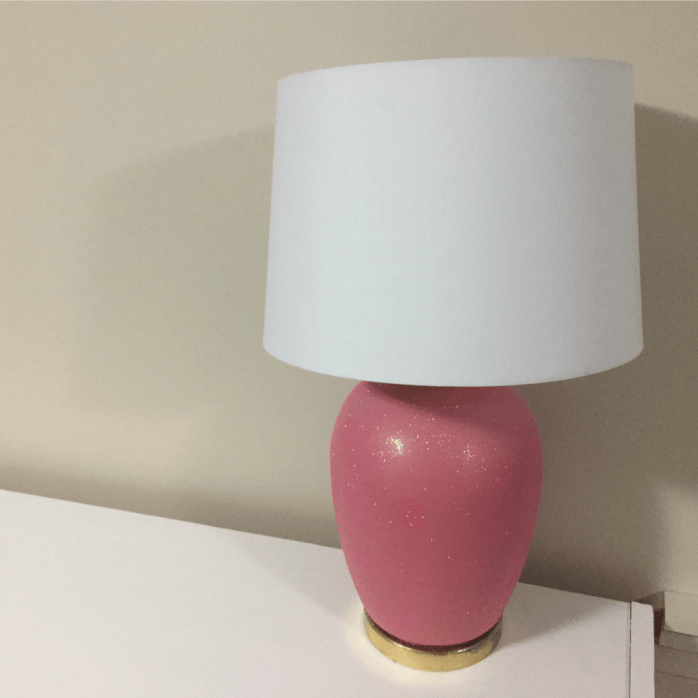 Thrift store lamp makeover {Heather's Handmade Life} Dated floral lamps are transformed into sparkly pink lamps with oversized white shades!