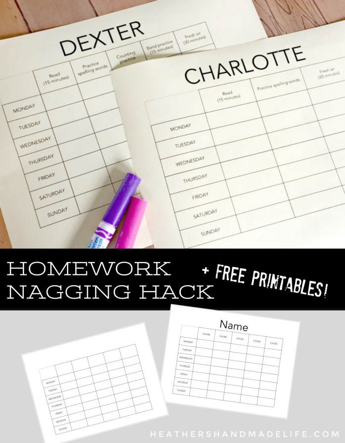 Homework nagging hack + free printable homework/chore chart {Heather's Handmade Life}