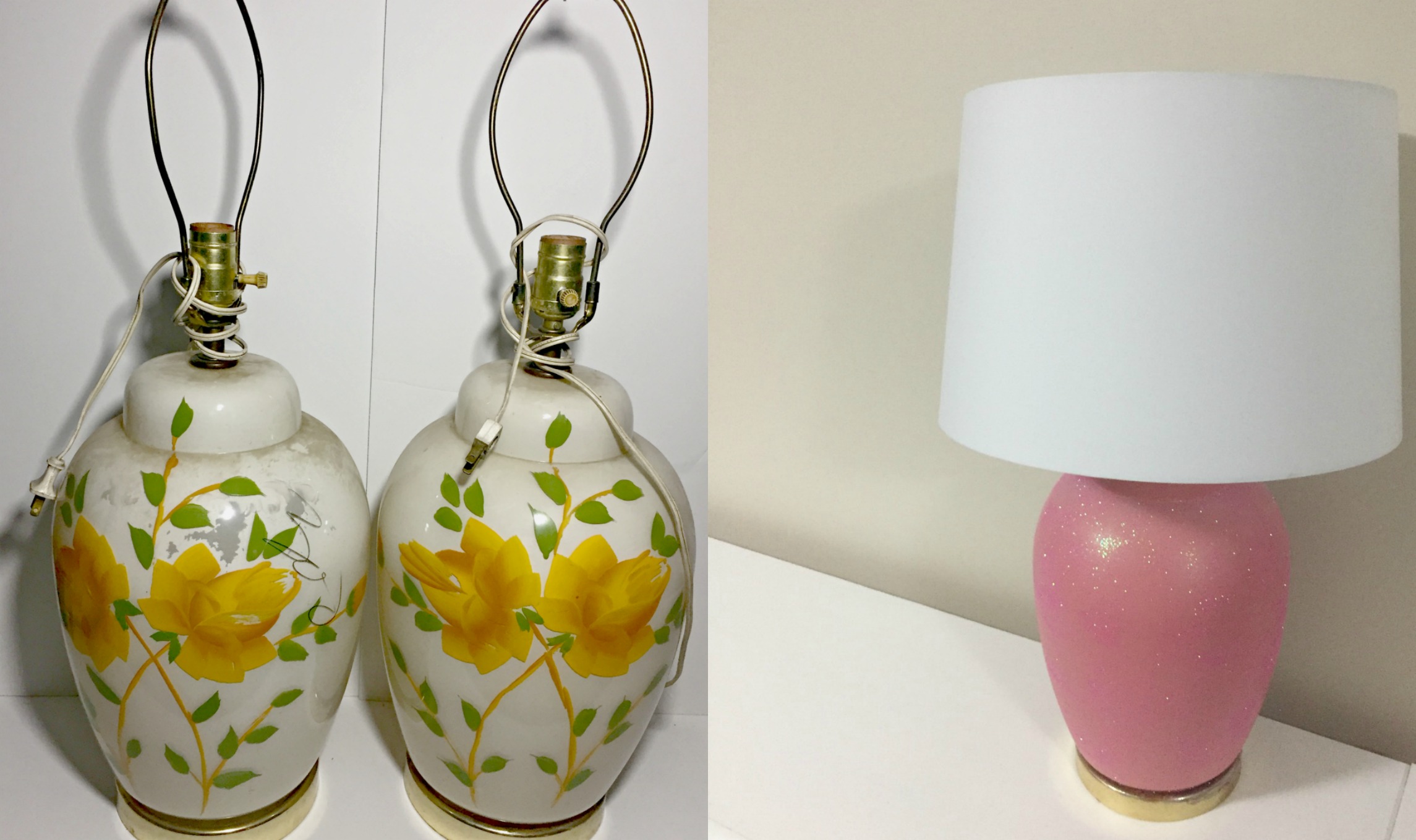Thrift store lamp makeover {Heather's Handmade Life} Dated floral lamps are transformed into sparkly pink lamps with oversized white shades!