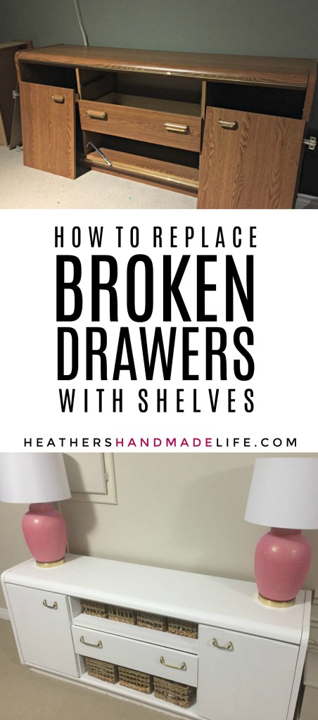 Replace broken drawers with shelves {Heather's Handmade Life}