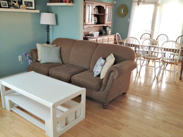 Beige sofa + white coffee table